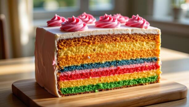 un arco iris capa pastel con suave Crema capas, descansando en un de madera mesa debajo difundido calentar luz de sol creando un sereno composición. foto