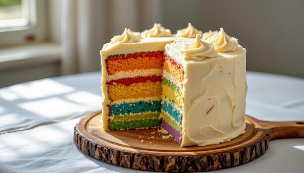 un arco iris capa pastel con cremoso arremolinado Crema, metido en un rústico tablero suavemente iluminado por suave difundido luz. foto