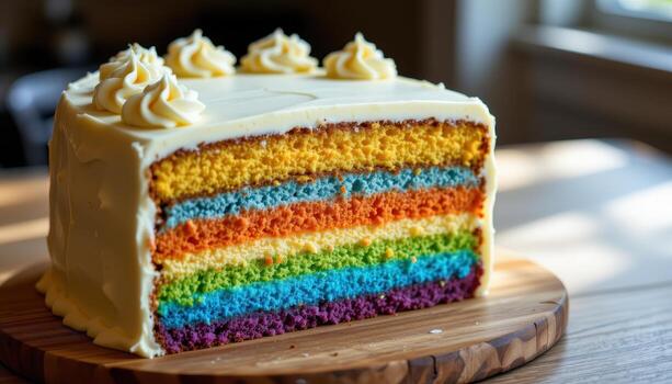 A rainbow layer cake with creamy frosting layers, resting on a wooden surface illuminated by diffused natural light highlighting each rainbow layer. photo