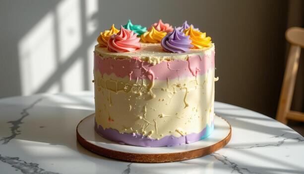 un arco iris capa pastel adornado con pastel Crema remolinos, metido en un mármol mesa suavemente reflejando difundido luz de sol y oscuridad. foto