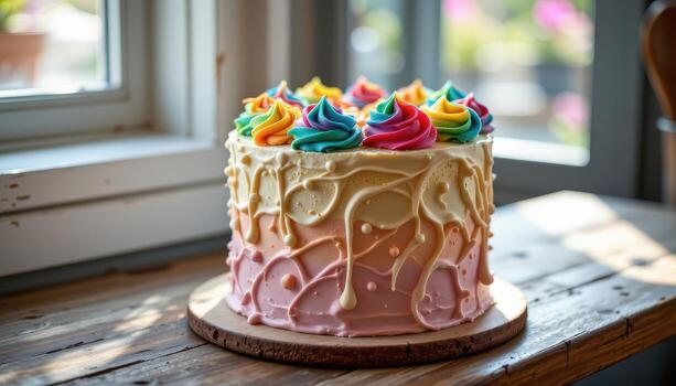 un arco iris capa pastel coronado con arco iris Crema remolinos, descansando en un rústico de madera encimera suavemente brillante debajo difundido luz de sol. foto