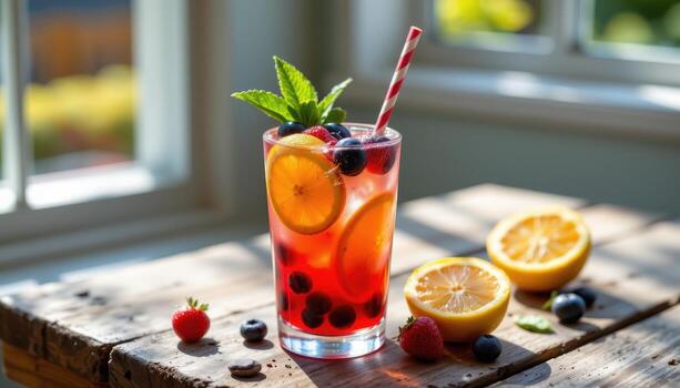 A colorful summer drink with floating berries and citrus slices, placed on a rustic wooden table with sunlight streaming through a nearby window. photo