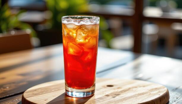 un frio verano bebida servido en un alto vaso con condensación gotas, descansando en un de madera tablero debajo difundido luz. foto