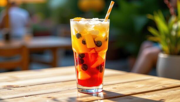 un brillante verano bebida con vistoso Fruta capas, metido en un de madera mesa debajo difundido calentar luz. foto