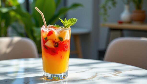 A tropical summer drink with layered fruit juices, placed on a marble table under diffused natural light. photo