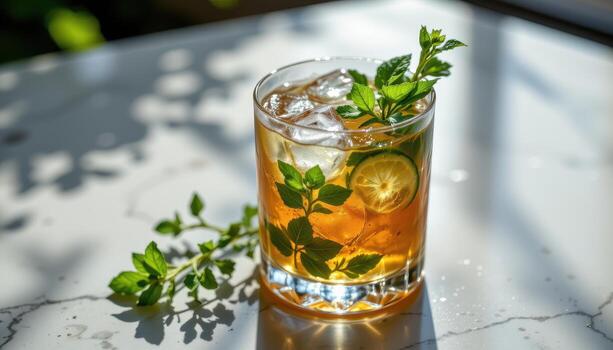 un enfriado verano bebida con aplastada hielo y Fresco hierbas, descansando esmeradamente en un pulido superficie debajo difundido luz. foto