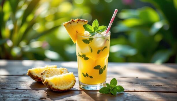 un tropical verano bebida con piña rebanadas y menta, descansando en un de madera superficie debajo difundido natural ligero. foto