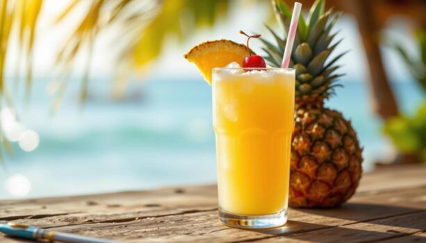 A tropical summer drink with pineapple and coconut water, resting on a wooden surface under diffused warm light. photo