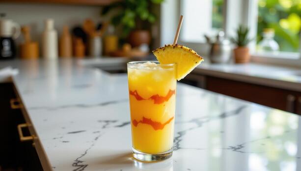 A tropical summer drink with pineapple layers, resting elegantly on a marble countertop under diffused light. photo