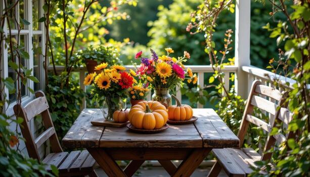 un rústico jardín mesa adornado con otoño flores y calabazas, descansando en un acogedor balcón enmarcado por verde vides y suave luz. foto