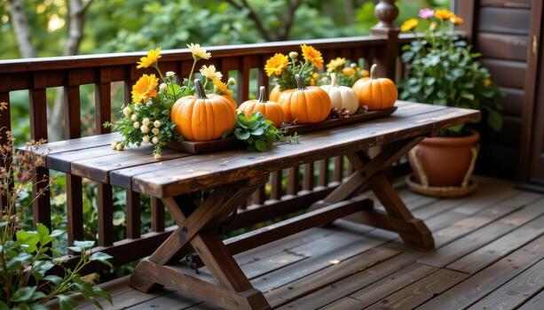 A rustic garden table with pumpkins and flowers, resting elegantly on a wooden balcony under diffused light. photo