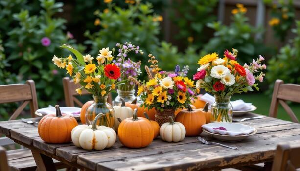un rústico jardín mesa decorado con calabazas y floral jarrones, metido debajo difundido calentar ligero. foto