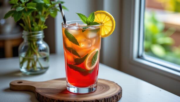 A colorful summer drink with lemon wedges and mint sprigs, sitting on a rustic board near a softly lit window. photo