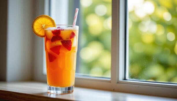un refrescante verano bebida con capas de Fruta jugo, metido cerca un ventana con difundido natural ligero creando un calma humor. foto