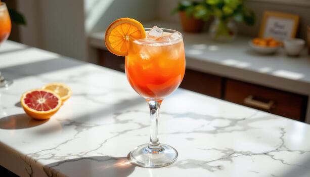 un vibrante verano bebida con agrios guarnaciones, descansando esmeradamente en un mármol encimera debajo difundido luz de sol. foto