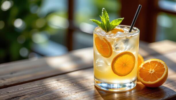 un frio verano bebida con agrios guarnaciones, descansando en un de madera superficie suavemente iluminado por difundido ligero. foto