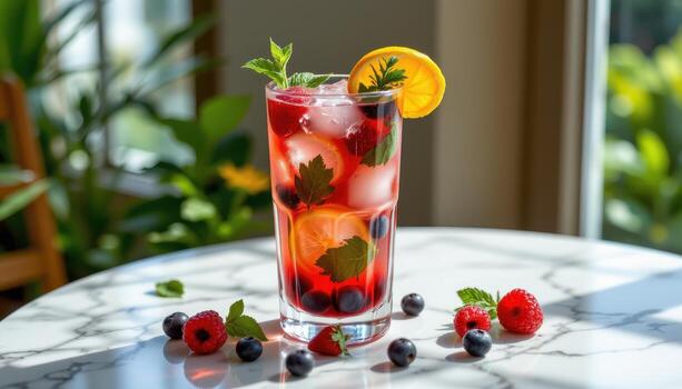A bright summer drink with berries and herbs, placed on a marble table illuminated by diffused natural light. photo