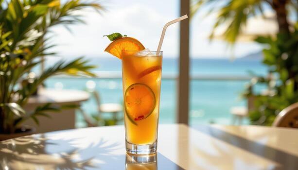 un tropical verano bebida con agrios capas, metido en un pulido mesa debajo difundido luz de sol con suave reflexiones foto