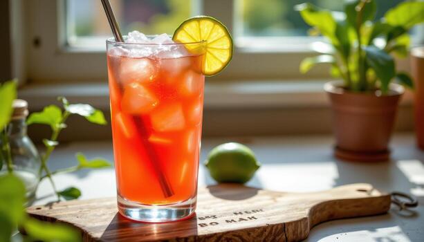 A bright summer drink filled with crushed ice and lime wedges, resting on a rustic board with sunlight streaming through a nearby window. photo