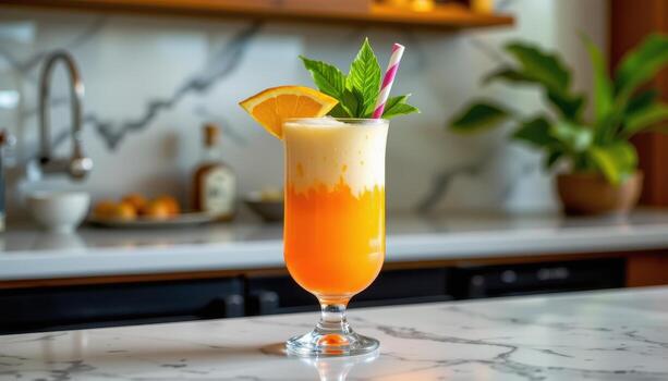 un tropical verano bebida con naranja y Coco capas, metido esmeradamente en un mármol encimera debajo difundido ligero. foto
