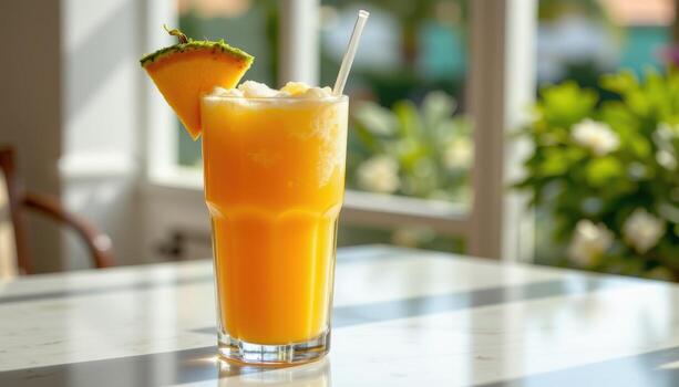 un tropical verano bebida con mango y Coco, descansando en un pulido superficie debajo difundido luz. foto