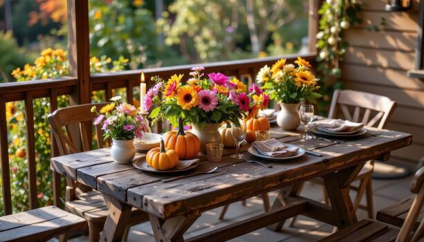 A rustic garden table with floral arrangements and pumpkins, placed under warm diffused light on a wooden balcony. photo