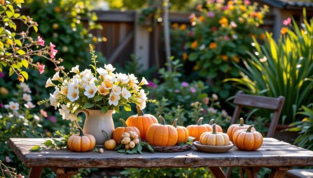 un rústico jardín mesa adornado con flores y calabazas, brillante debajo suave difundido luz de sol. foto
