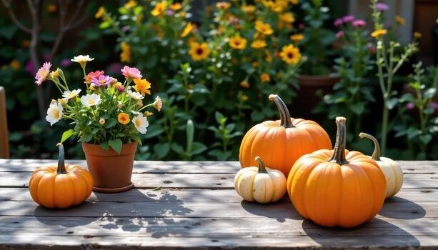 un rústico jardín mesa con calabazas y flores, descansando debajo suave difundido luz en un de madera superficie. foto