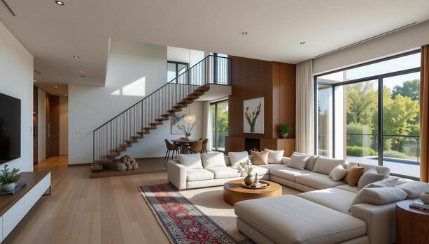 A modern living room featuring minimal decor, sectional sofa, floating staircase, dining table, and bright open windows. photo