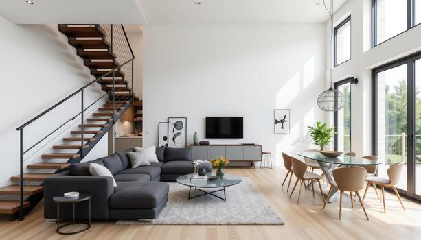 un contemporáneo moderno vivo habitación con un carbón en corte sofá, flotante escalera con metal marco, un vaso comida mesa colocar, y grande ventanas creando un aireado ambiente. foto