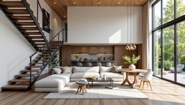 A modern living room featuring a neutral toned sectional sofa, floating staircase with steel frame, a round dining table set, and tall windows allowing sunlight in. photo