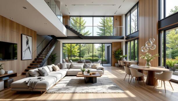 un moderno vivo habitación con un modular en corte sofá, flotante escalera con acero marco, un rectangular comida mesa, y amplio ventanas lleno con natural luz. foto