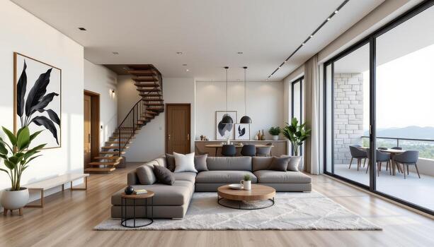 A modern living room with minimal decor, sectional sofa, staircase, dining table, and full height transparent windows. photo