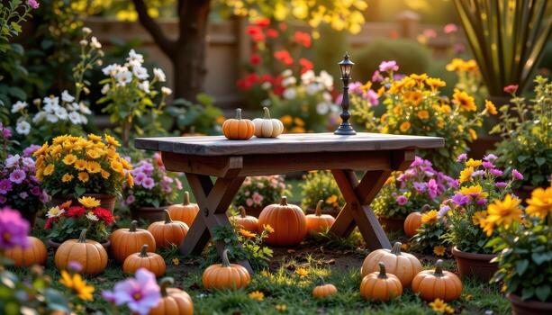 un rústico jardín mesa rodeado por calabazas y flores, suavemente iluminado por difundido dorado tonos foto