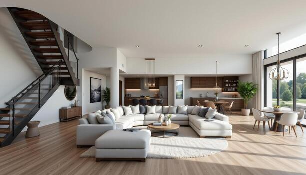 un moderno vivo habitación con abierto disposición, en corte sofá, escalera, comida área, y grande ventanas relleno el espacio con luz. foto