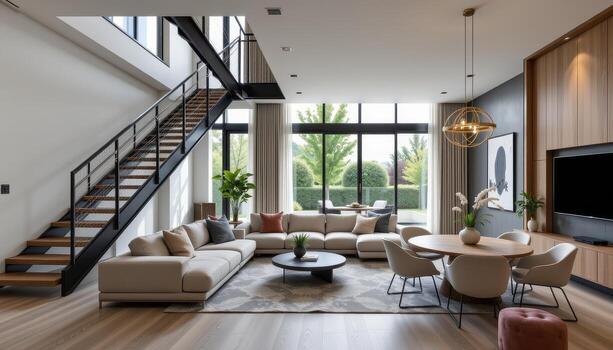 A contemporary modern living room with a modular sectional sofa, floating staircase with steel frame, a round dining table set, and wide windows providing an airy atmosphere. photo