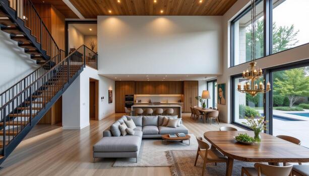 A modern living room with open layout, sectional sofa, metal floating staircase, wooden dining table, and wide transparent windows. photo