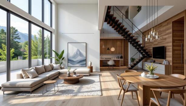 A modern living room with a plush sectional sofa, floating staircase with steel frame, a round wooden dining table, and wide floor to ceiling windows. photo