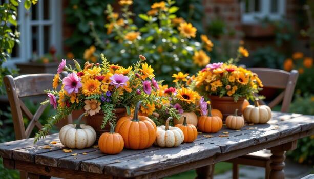 un rústico jardín mesa decorado con calabazas y otoño flores, suavemente iluminado por difundido natural luz. foto