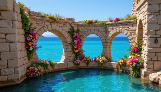 Ancient stone arches spanning sparkling turquoise waters, adorned with lush floral arrangements in vivid, lively patterns. photo