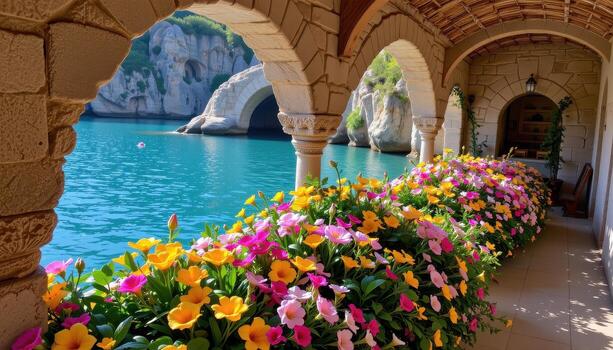Ancient stone arches rising above serene turquoise waters, with lush floral arrangements spilling along the edges in cascading patterns. photo