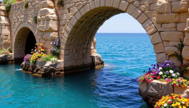 Stone arches arching over calm turquoise waters, adorned with colorful floral arrangements in natural cascading patterns along rocks and ledges. photo