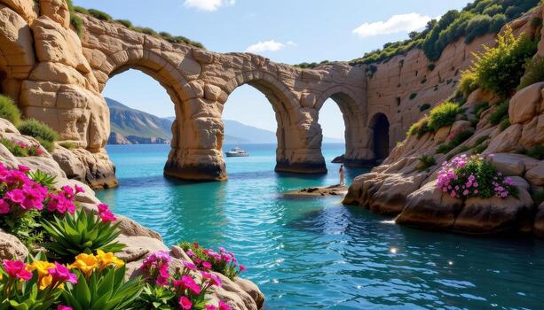 Majestic stone arches spanning tranquil turquoise waters, adorned with colorful flowers in natural cascading patterns along rocks. photo