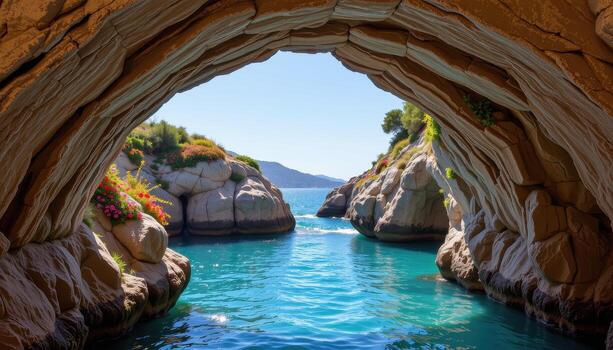 Stone arches spanning crystal clear turquoise waters, adorned with rich, colorful floral arrangements in cascading patterns along the rocks. photo