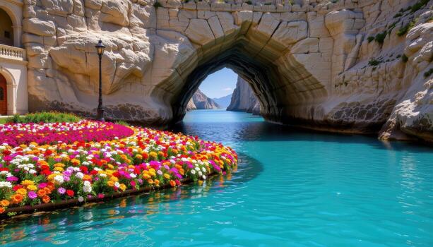 Stone arches standing tall above serene turquoise waters, surrounded by vivid flowers arranged in cascading, natural patterns. photo