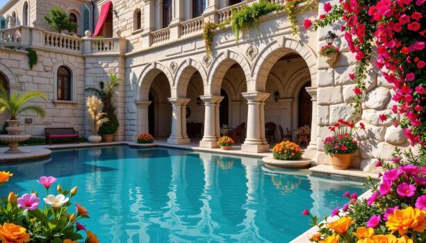 Turquoise waters reflecting majestic stone arches, with colorful floral arrangements in vivid patterns enhancing the scene. photo