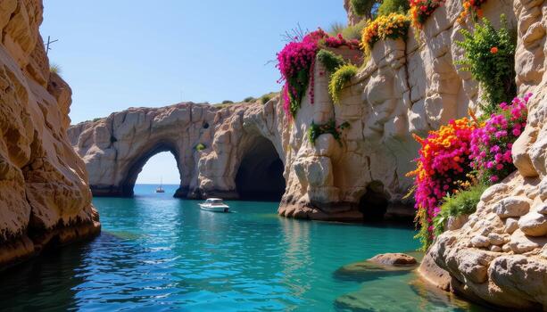 Ancient stone arches rising above calm turquoise waters, complemented by abundant floral arrangements in vivid colors cascading from ledges and rocks. photo