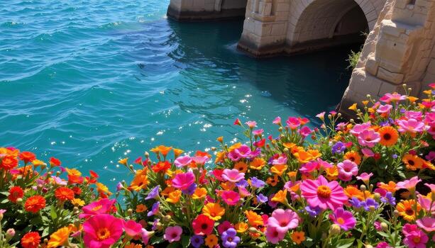 sereno turquesa aguas suavemente lapeado debajo rústico Roca arcos, mientras vibrante flores en elaborar preparativos marco el bordes con vistoso encanto. foto