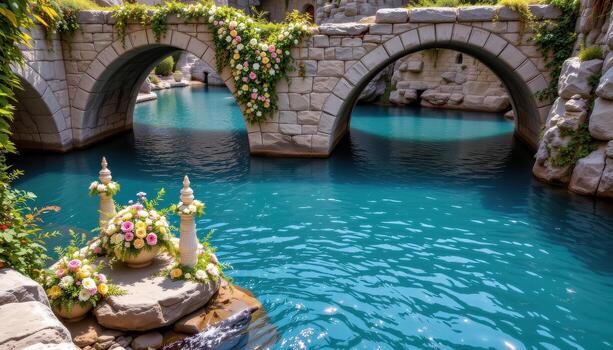 Ancient stone arches spanning calm turquoise waters, complemented by lush floral arrangements cascading over rocks and flowing naturally. photo