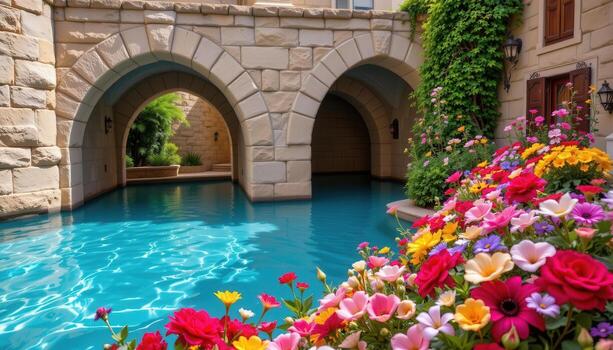 Turquoise waters shimmering beneath elegant stone arches, surrounded by colorful floral arrangements in harmonious, cascading patterns. photo